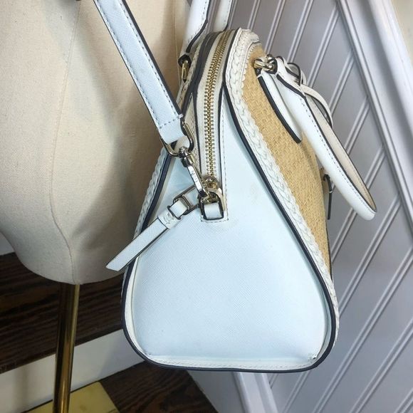 KATE SPADE White Leather Rattan Two Top Handle Tote Zipper Closure Crossbody Bag - Picture 5 of 17